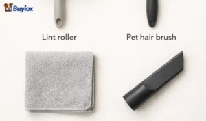 Reusable lint roller, rubber hair brush, microfiber cloth, and vacuum crevice tool.