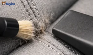 Detailing brush loosening dog hair from a car seat seam.