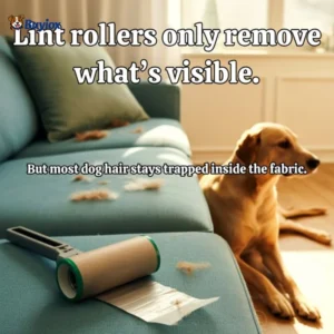 Lint roller on couch with visible dog hair and a dog nearby, showing why hair stays trapped in fabric