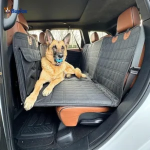 German shepherd on waterproof dog bench seat cover with side flaps protecting doors and seats