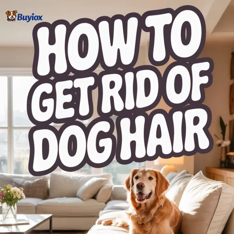 Dog on couch in bright living room with “how to get rid of dog hair” graphic for quick cleaning tips