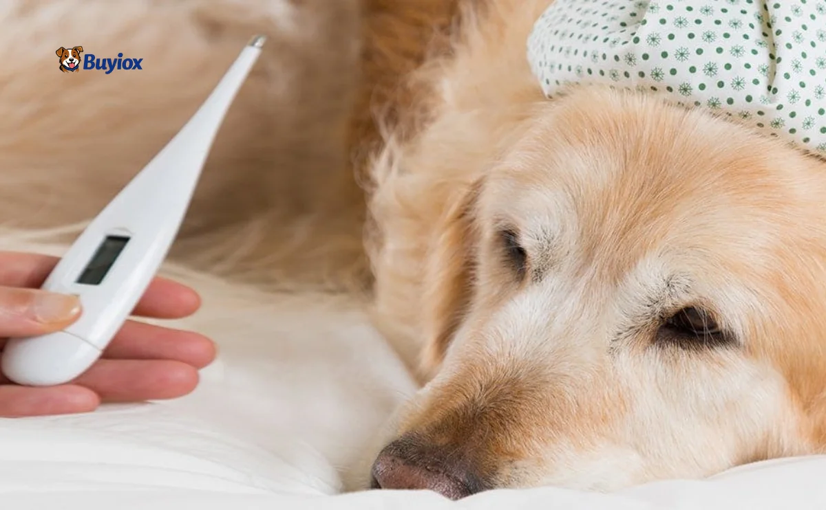Dog resting indoors with a slightly runny nose while the owner watches for cold-like symptoms