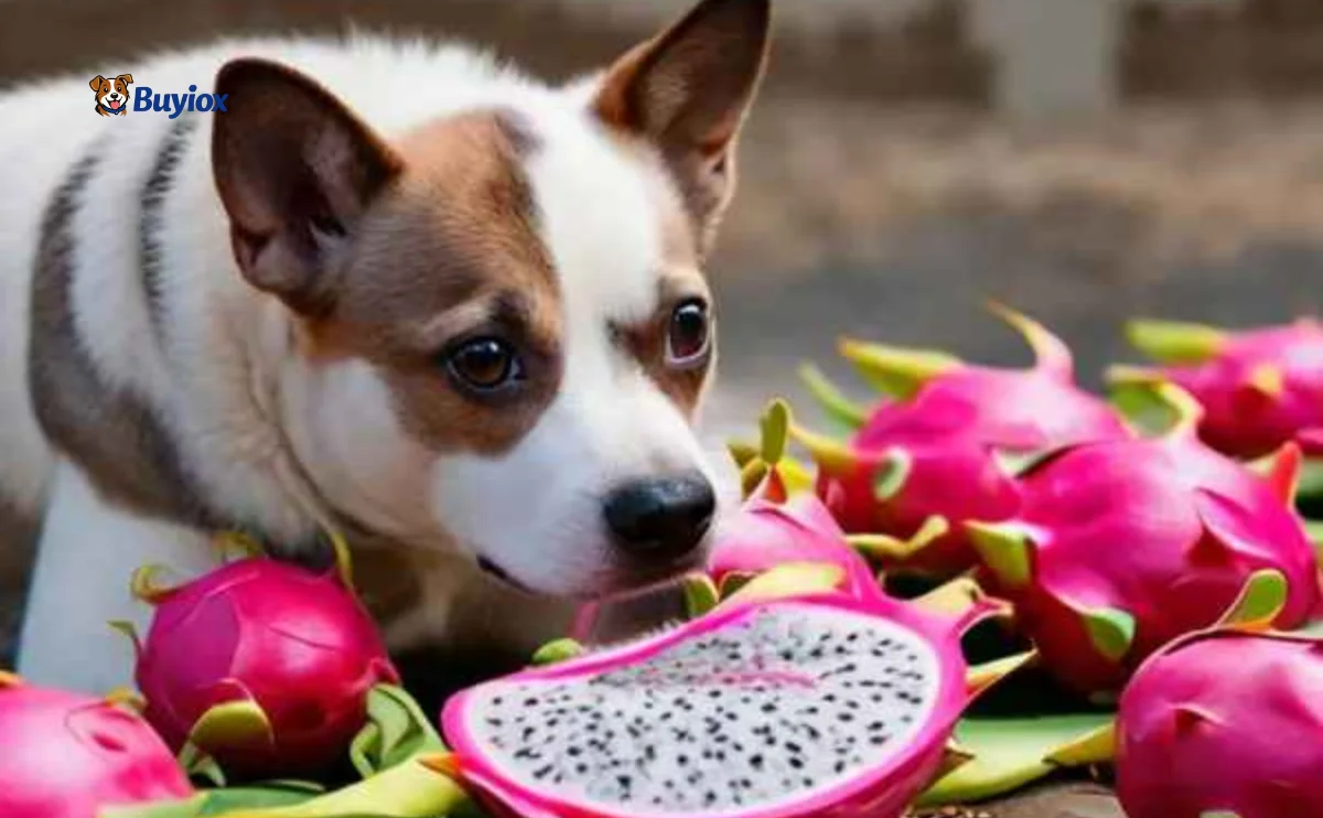 Small dog looking at cut pieces of dragon fruit on a plate with the peel removed