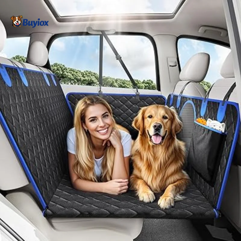 Dog seat cover, hammock, and back seat extender shown on a car back seat for comparison.