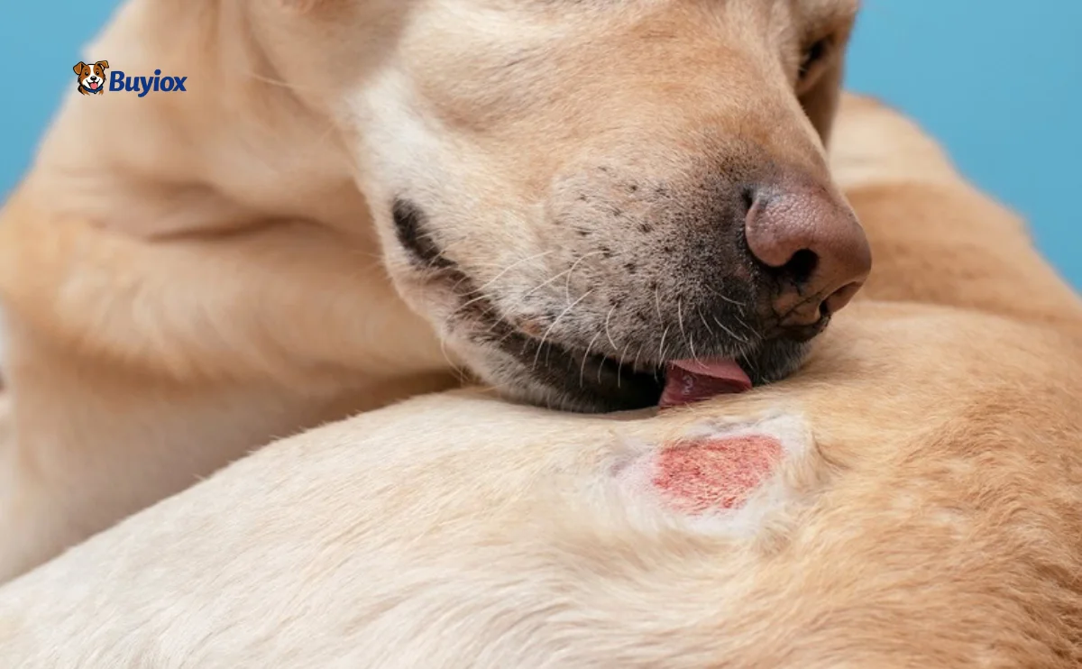 Dog with a small circular patch of hair loss and scaly skin being checked closely by its owner
