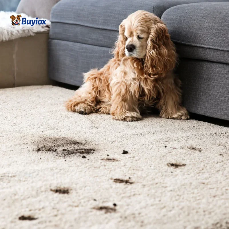 Person lifting dog hair from a living room rug while a dog rests nearby.