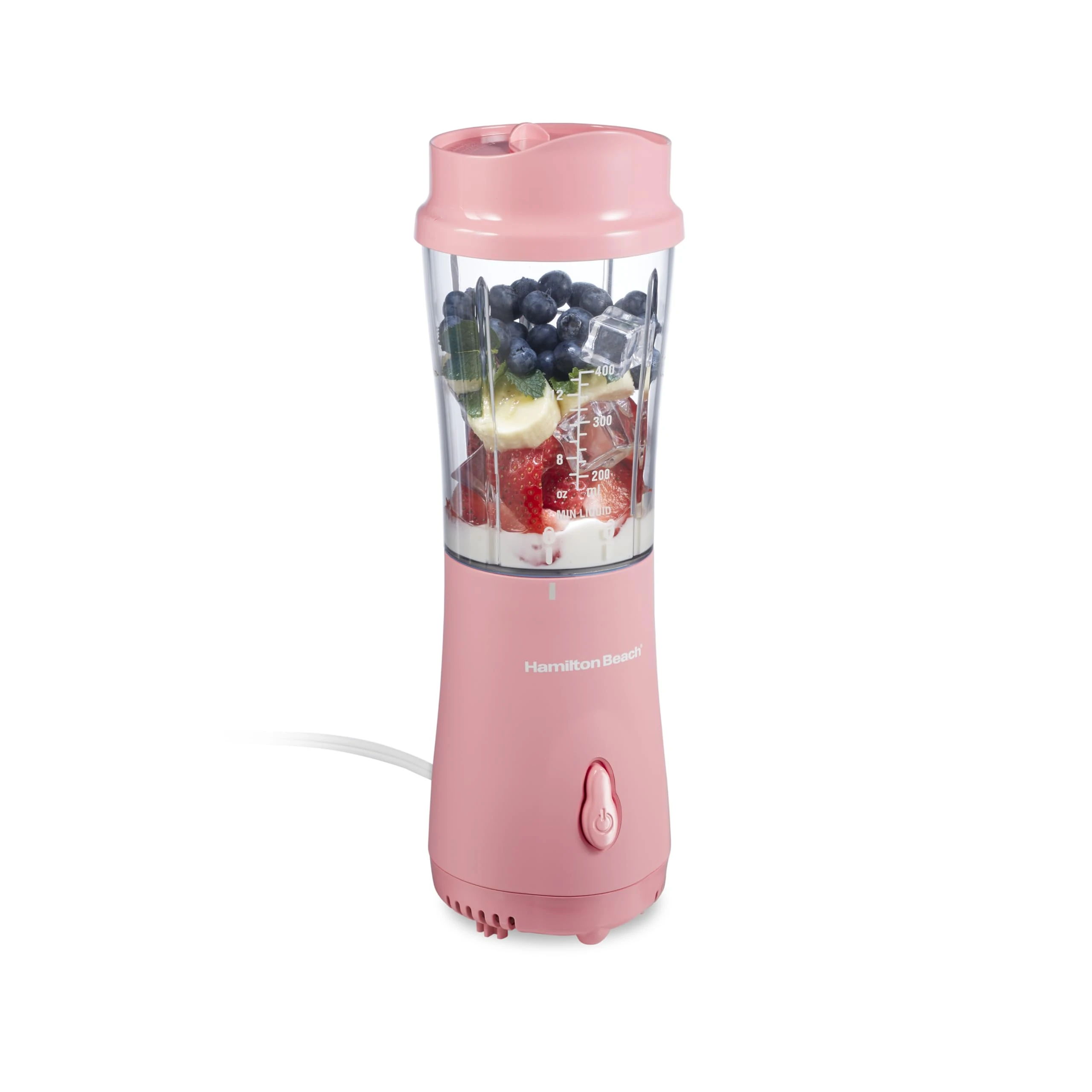 Hamilton Beach personal blender in coral with 14 ounce travel jar