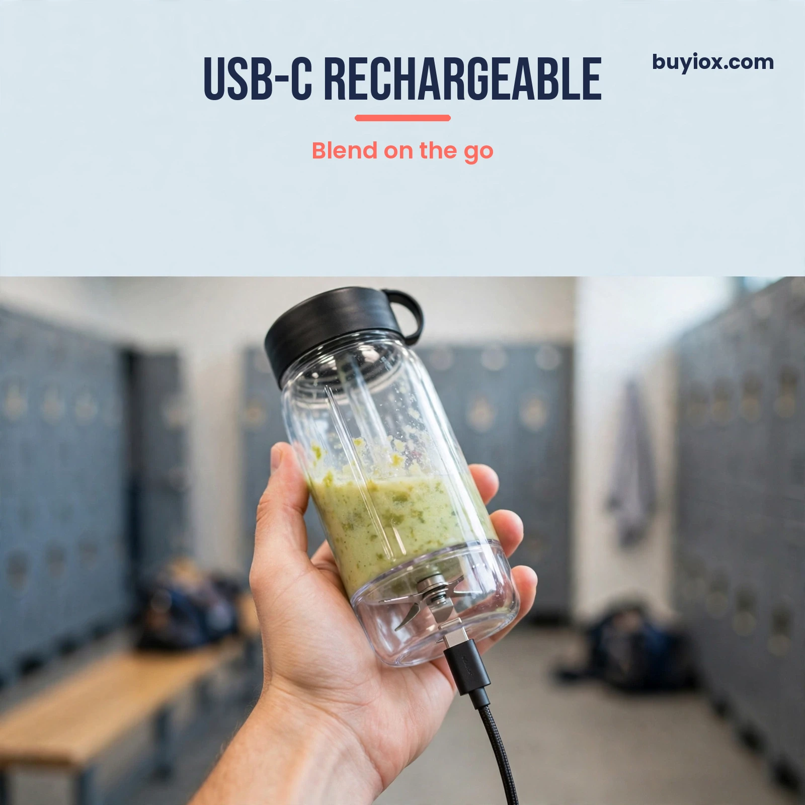 Portable cordless blender blending a protein shake after a workout