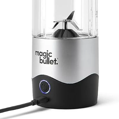 Magic Bullet portable blender in silver with 16 ounce cup and flip lid