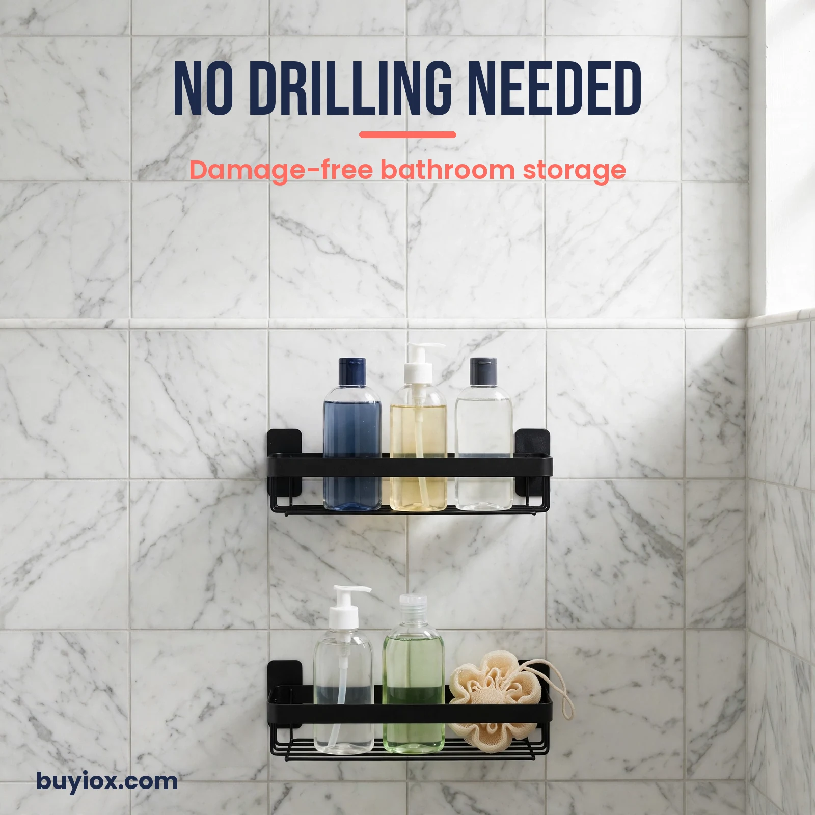 Adhesive shower caddy holding bottles on bathroom tile
