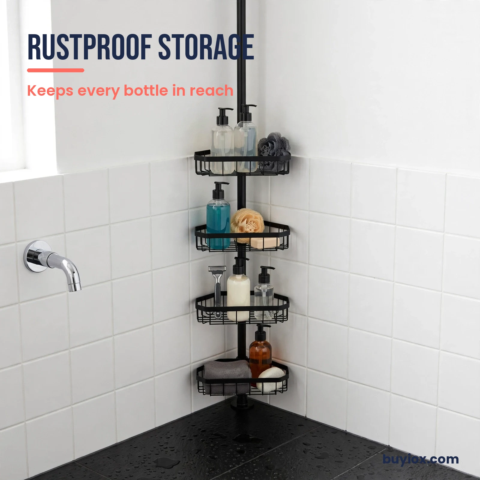 Tension pole corner shower caddy with four tiers of storage