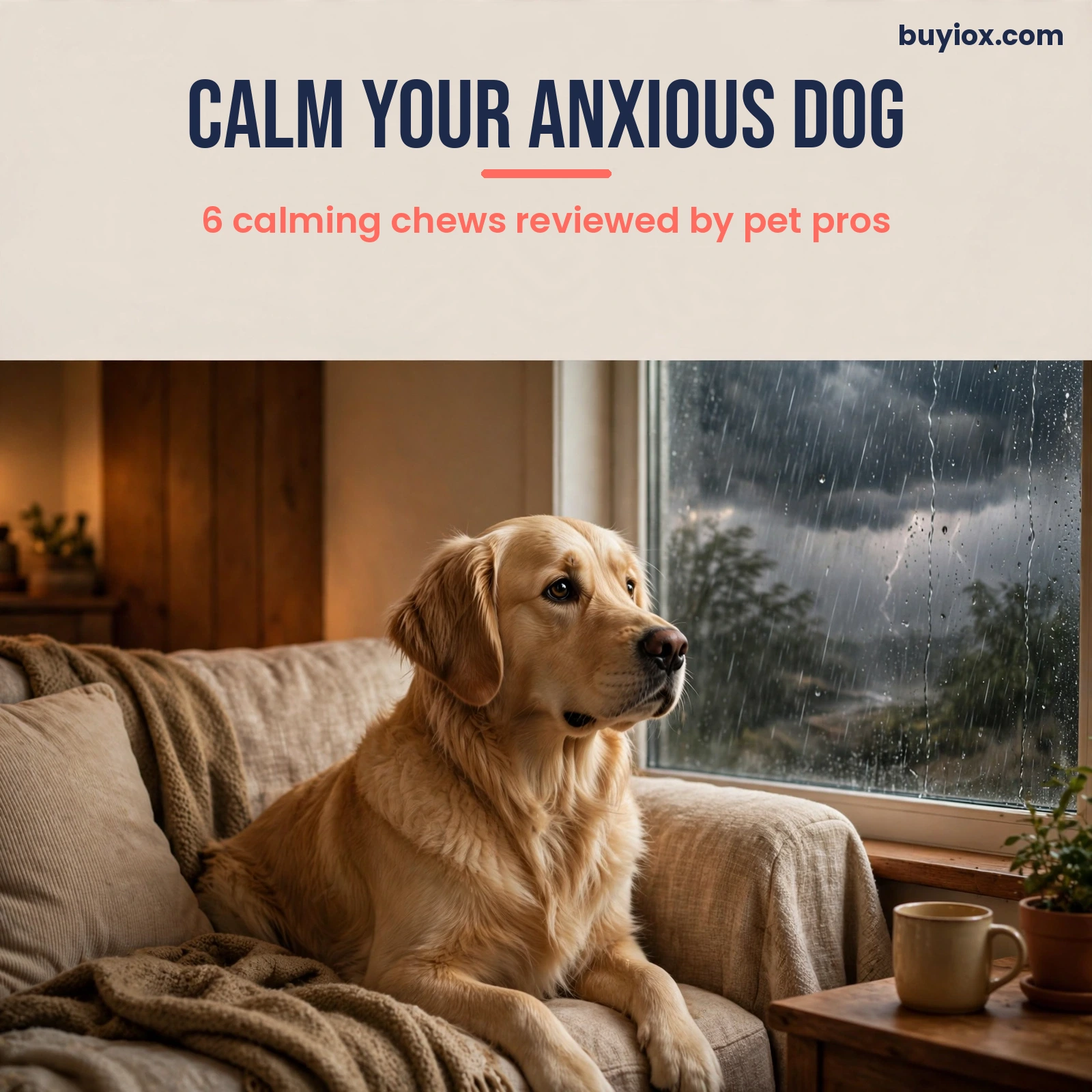 A calm dog resting on a couch next to calming chews