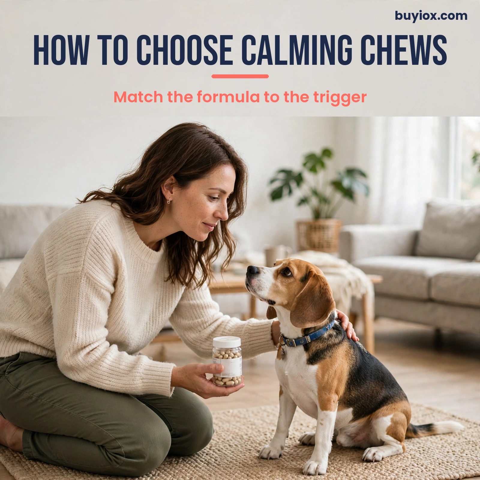 Owner choosing calming chews for an anxious dog