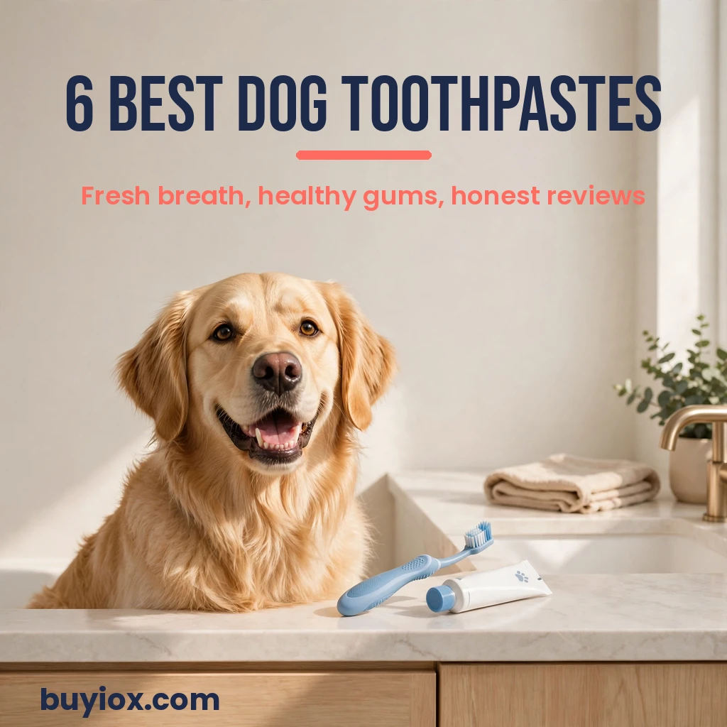 Dog with healthy teeth and dog toothbrush in a bright bathroom
