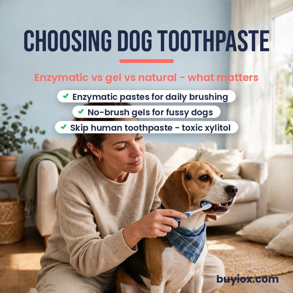 Owner brushing a beagle dog's teeth at home