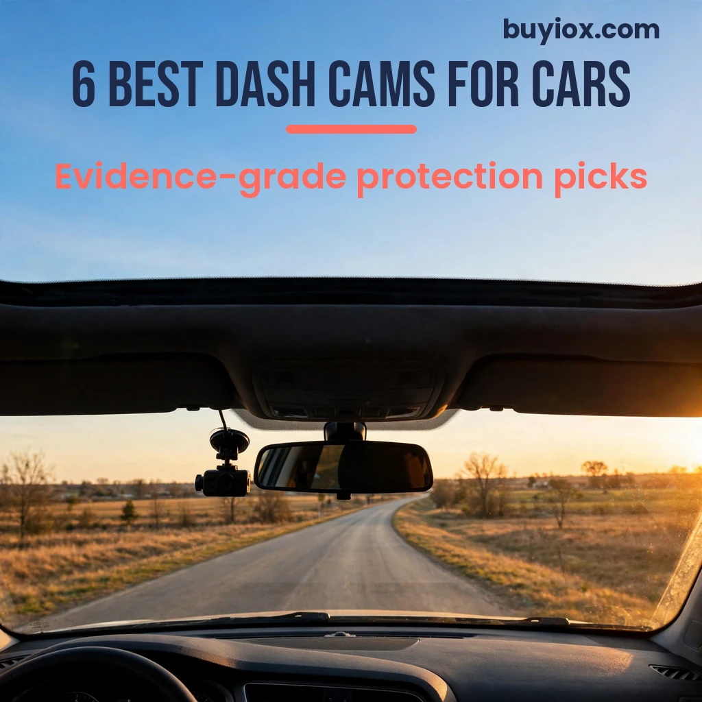 A dash cam mounted by the rearview mirror at sunset