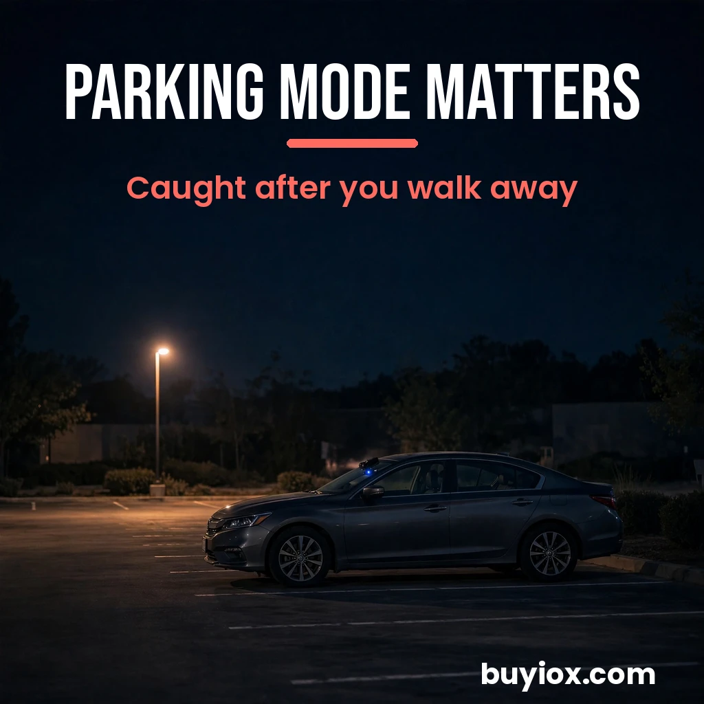 Car parked at night with dash cam parking mode