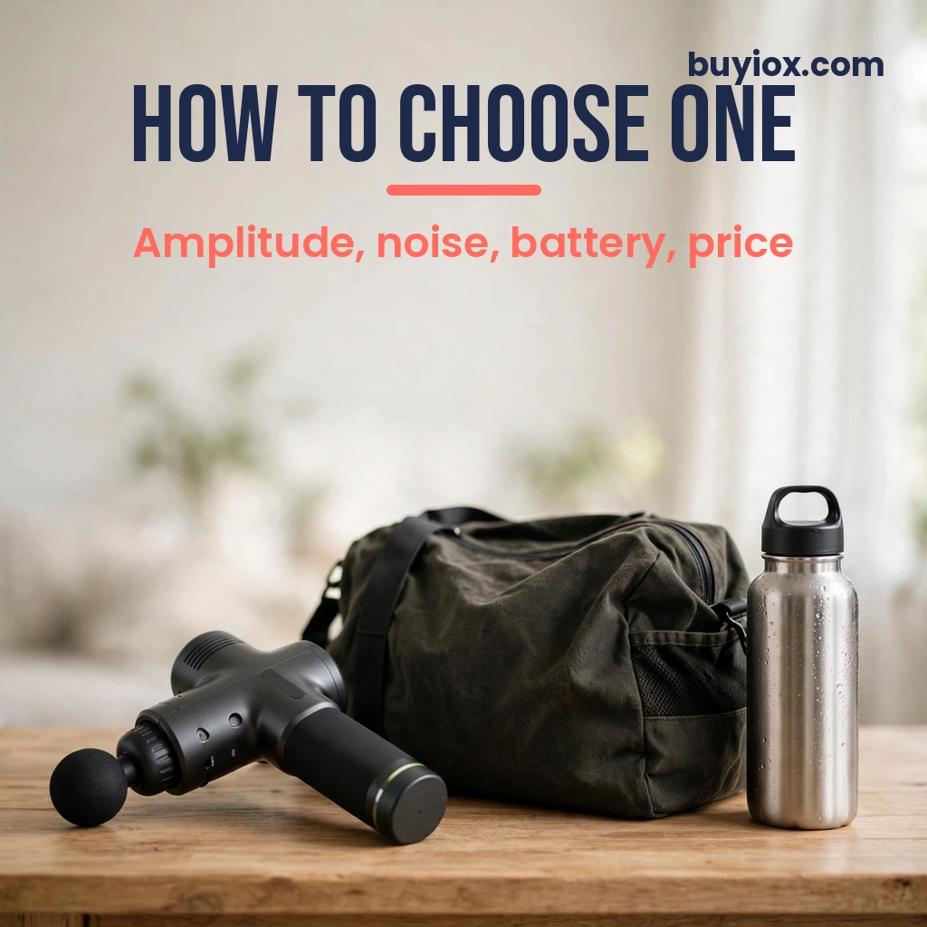 How to Choose a Massage Gun Massage gun on a table next to a gym bag and water bottle
