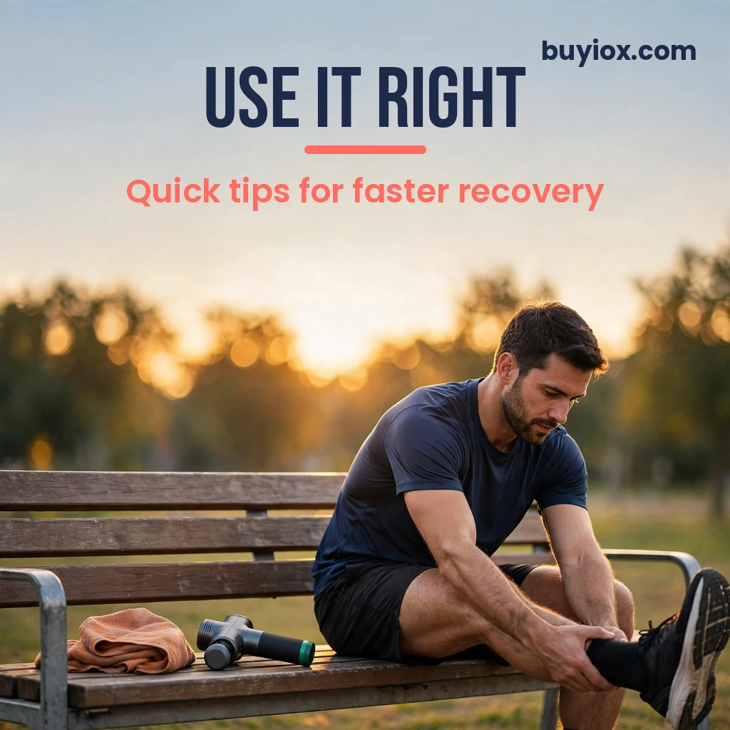 Massage Gun Recovery Tips Runner stretching on a park bench at sunset with a massage gun nearby