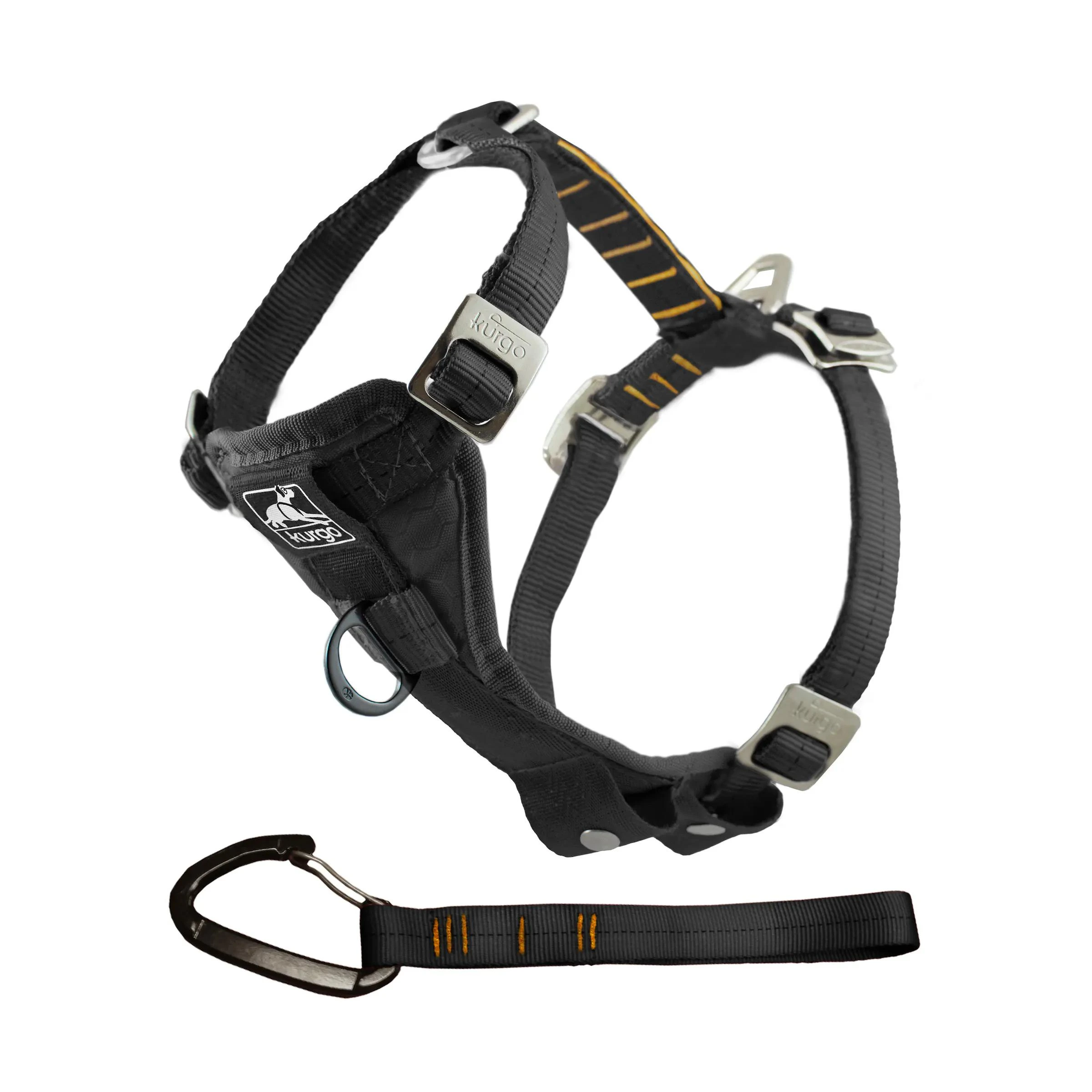 Kurgo Enhanced Strength Tru-Fit Smart Harness in black with steel buckles and seat belt tether