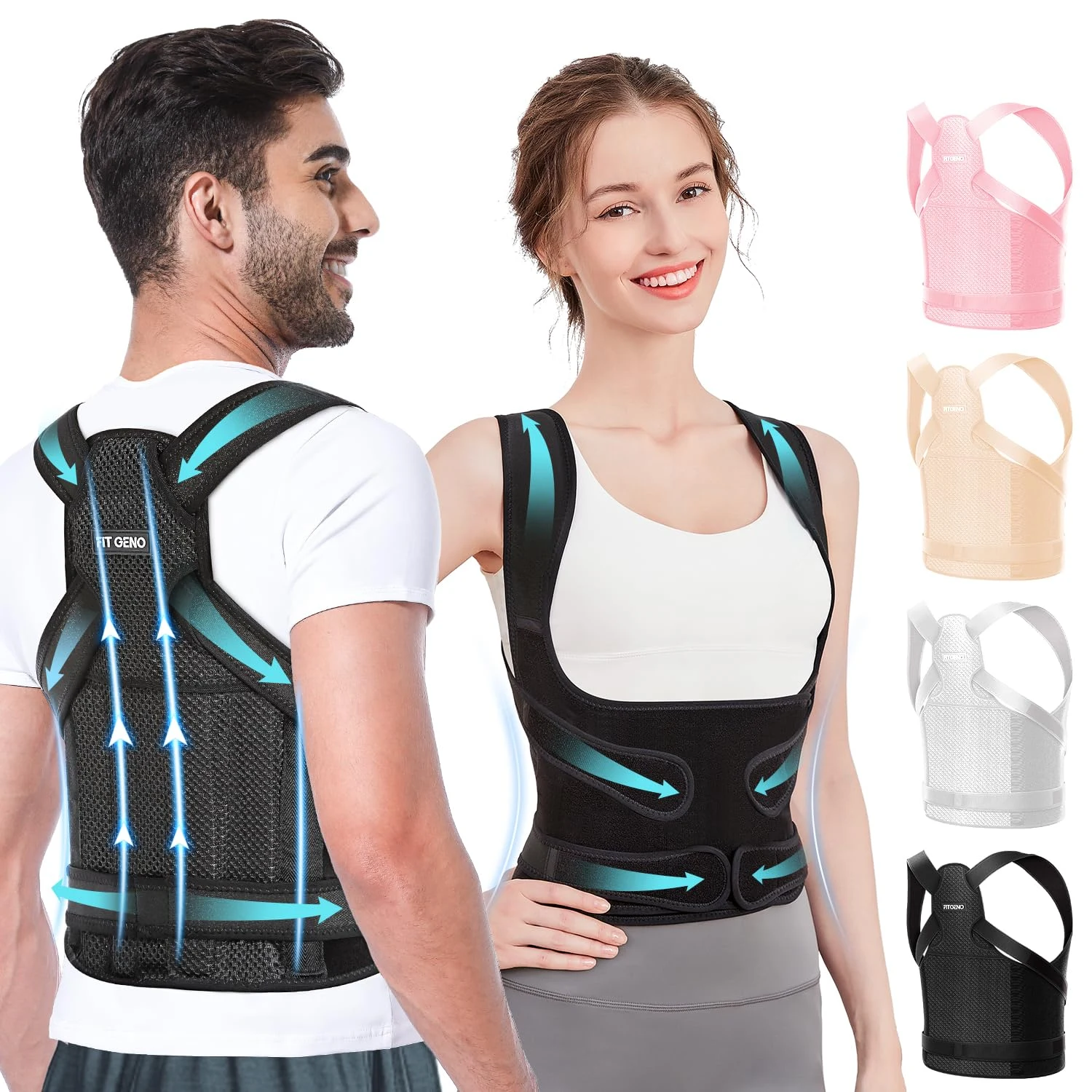 Fit Geno Posture Corrector Classic worn by a man and woman, showing the mesh back panel and waist belt