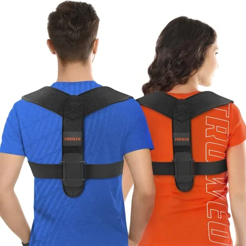 Truweo posture corrector worn by a man and woman, showing the adjustable shoulder straps