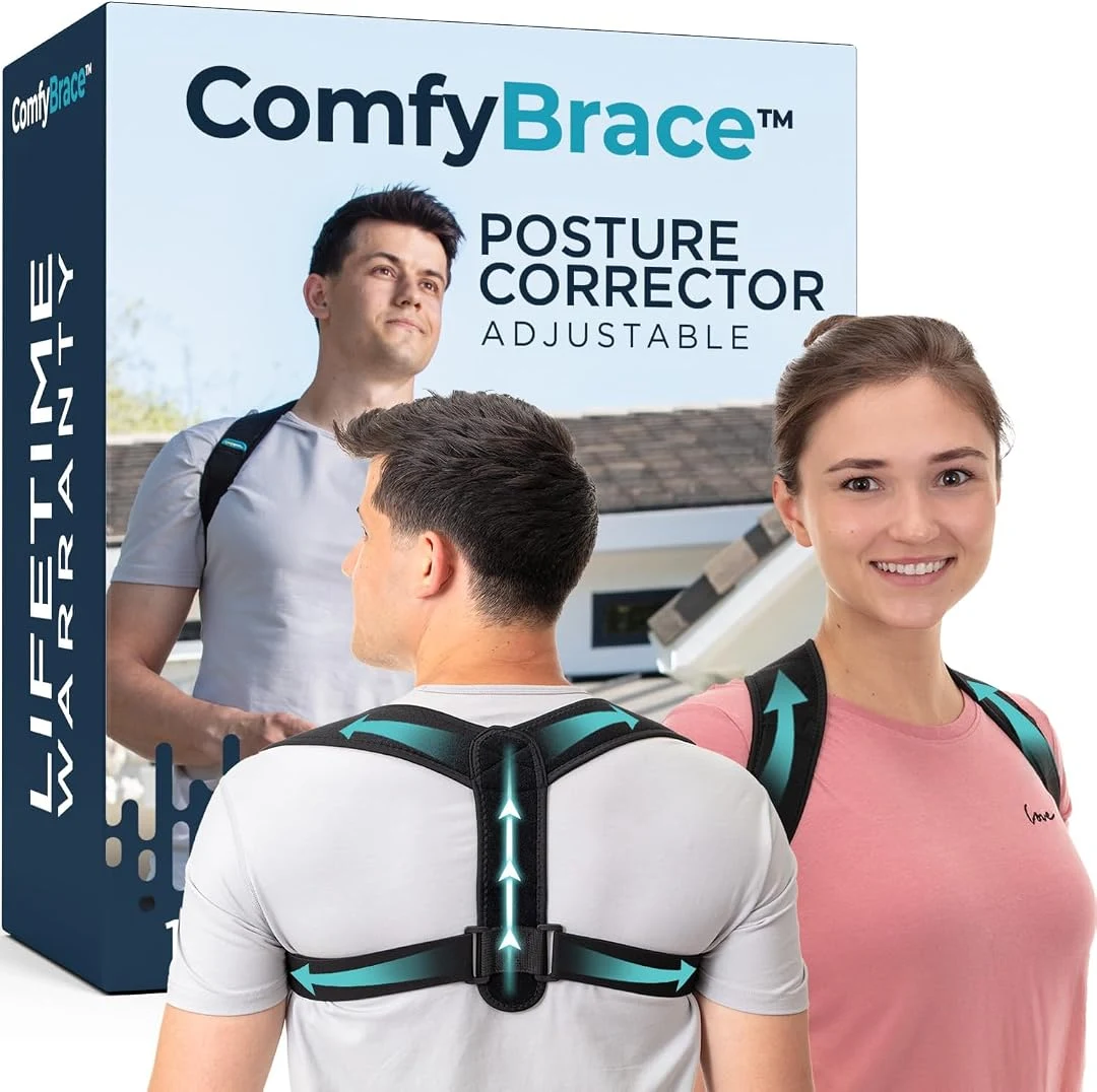 ComfyBrace posture corrector packaging and brace worn for upper back support
