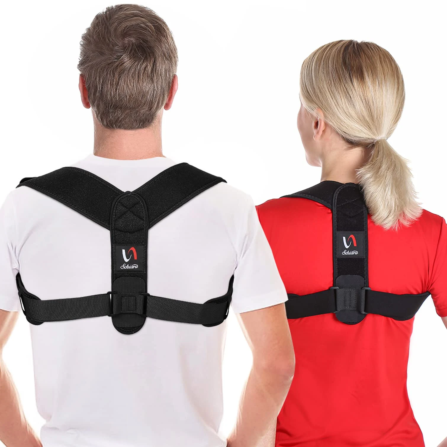 Schiara posture corrector worn by a man and woman, slim straps visible under clothing