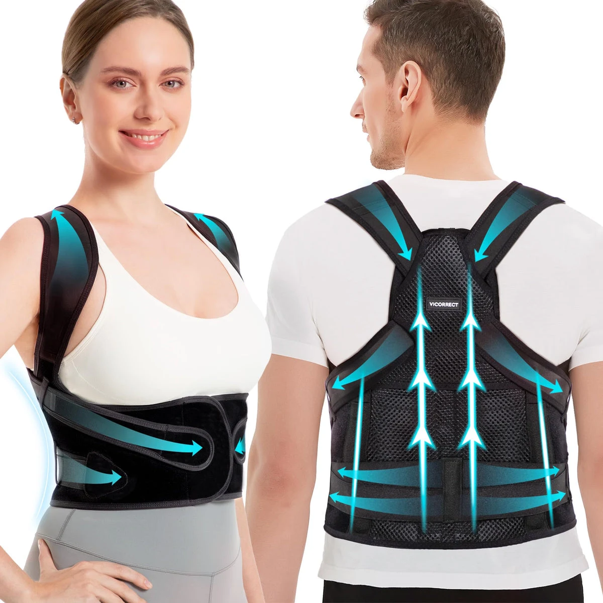 Vicorrect posture corrector with support bars worn by a man and woman
