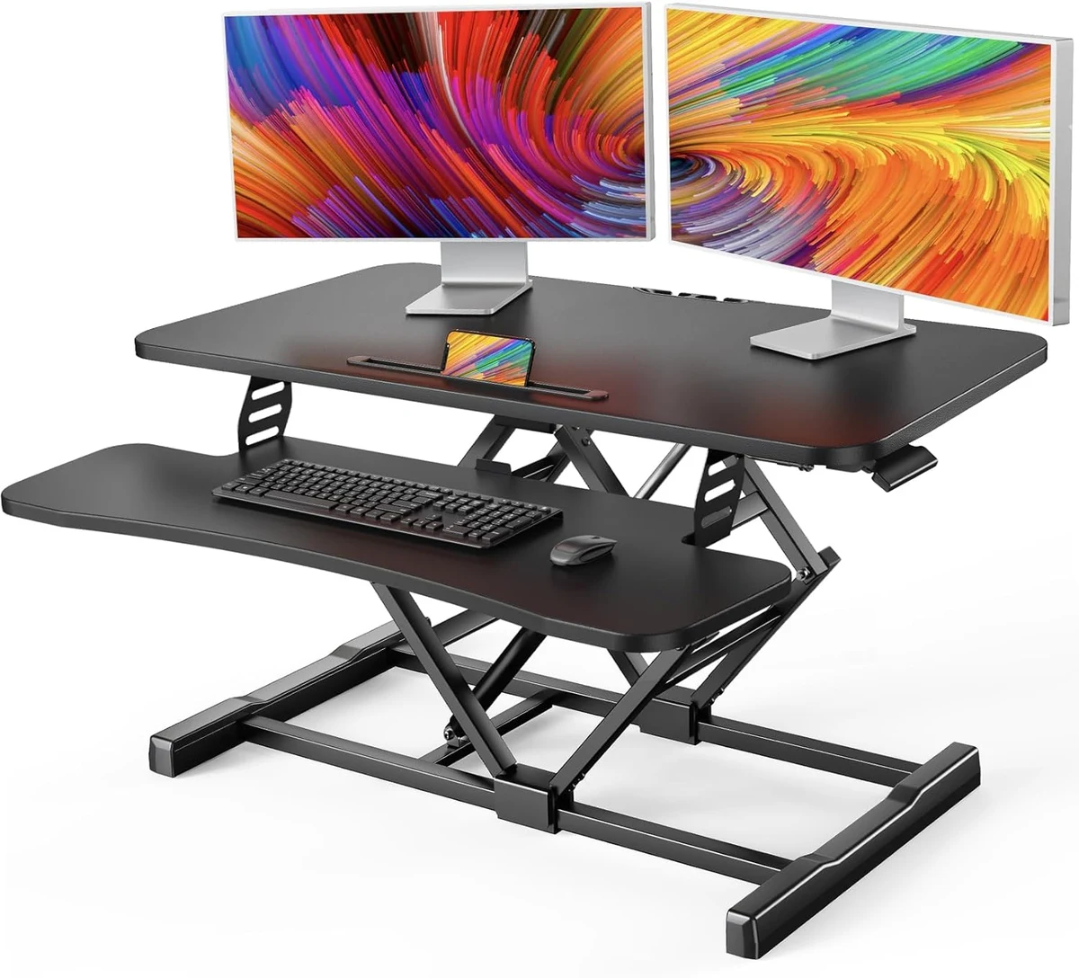 HUANUO 32 inch standing desk converter with phone slot and keyboard tray