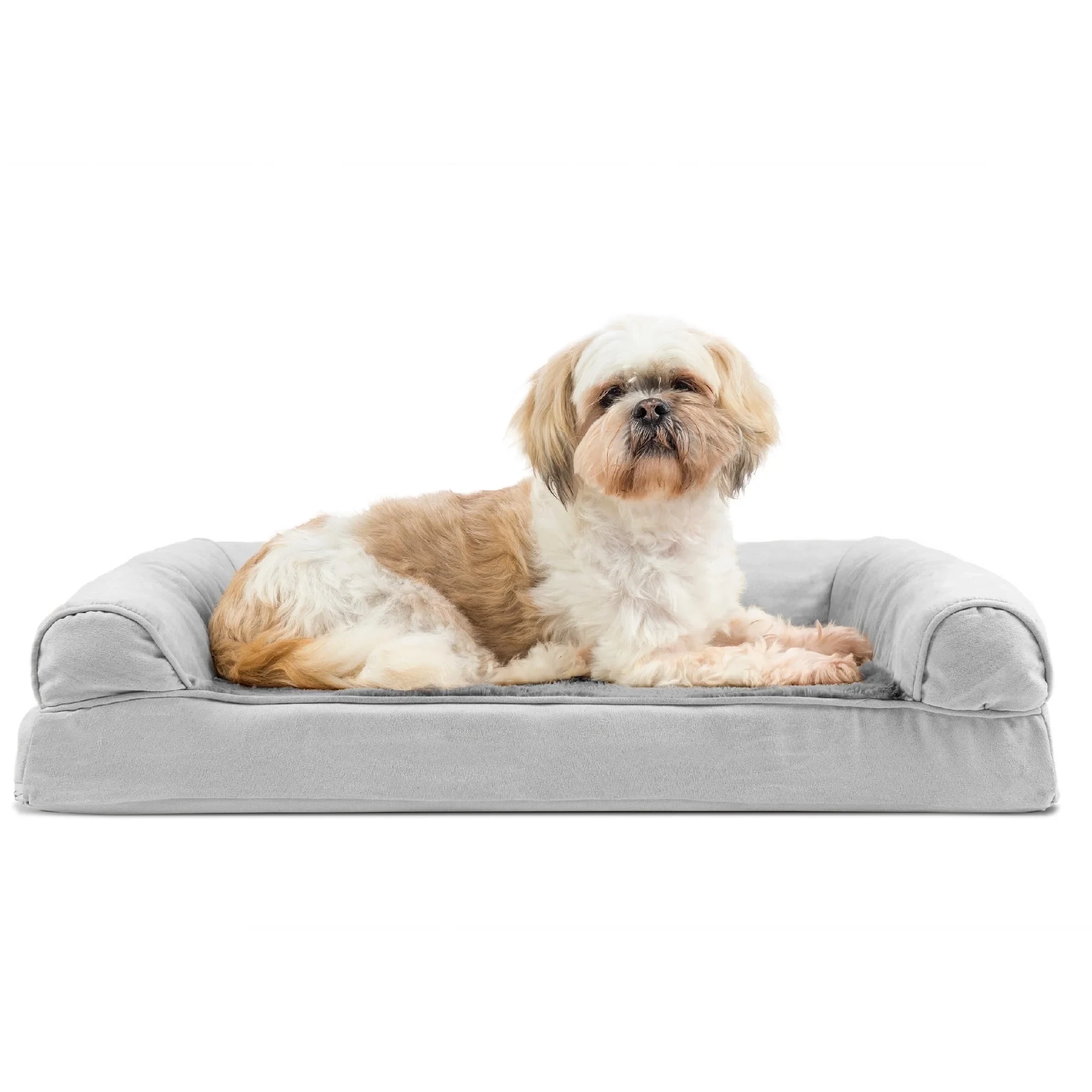 FurHaven Plush and Suede orthopedic sofa dog bed with bolsters in grey