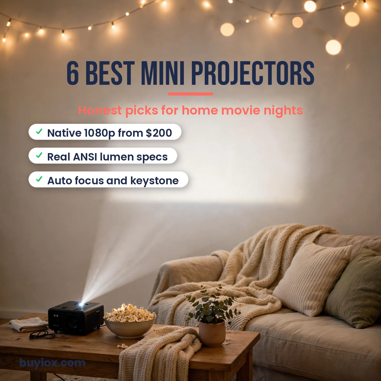 Cozy living room movie night with a mini projector beaming a film onto the wall