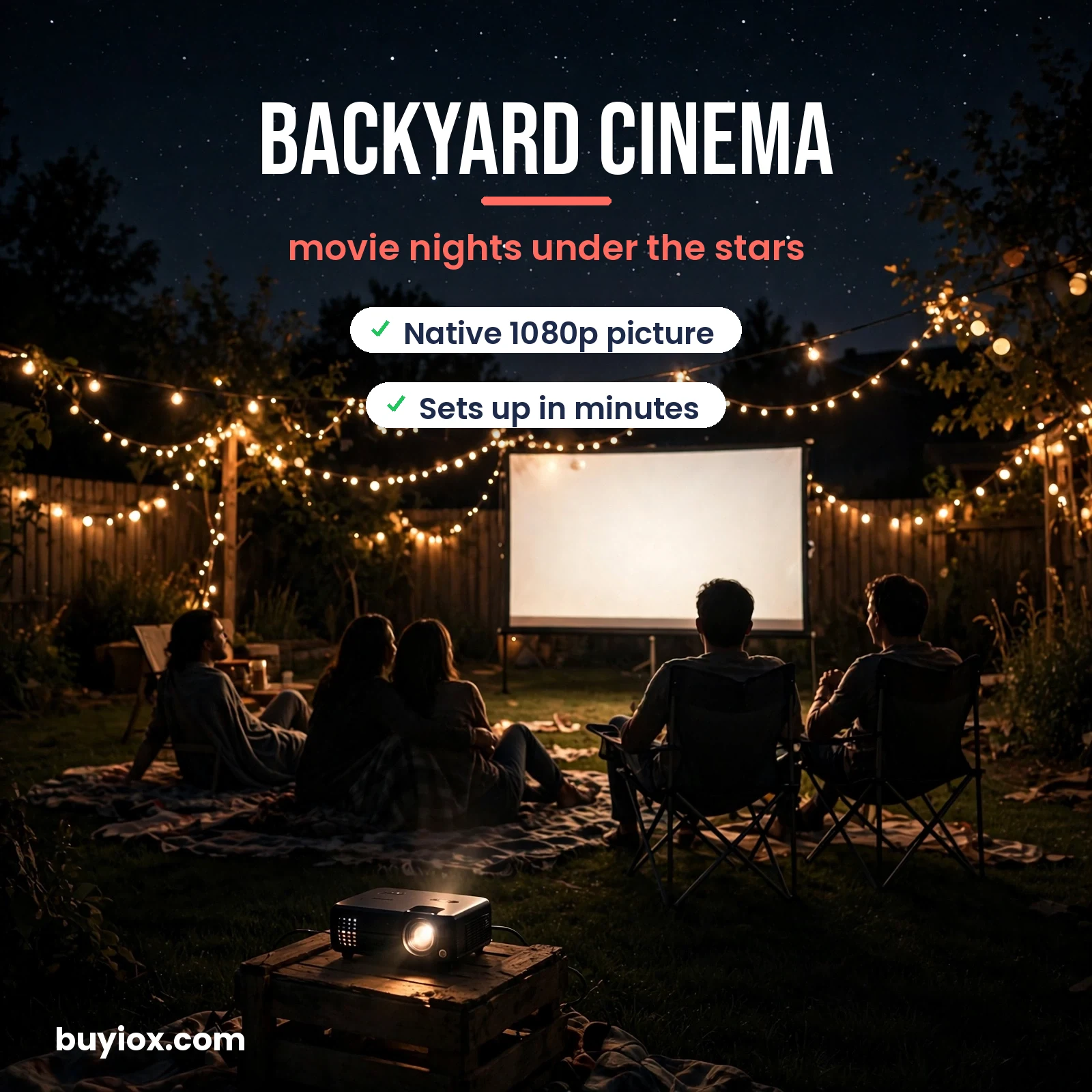 Outdoor backyard movie night with a mini projector and friends watching