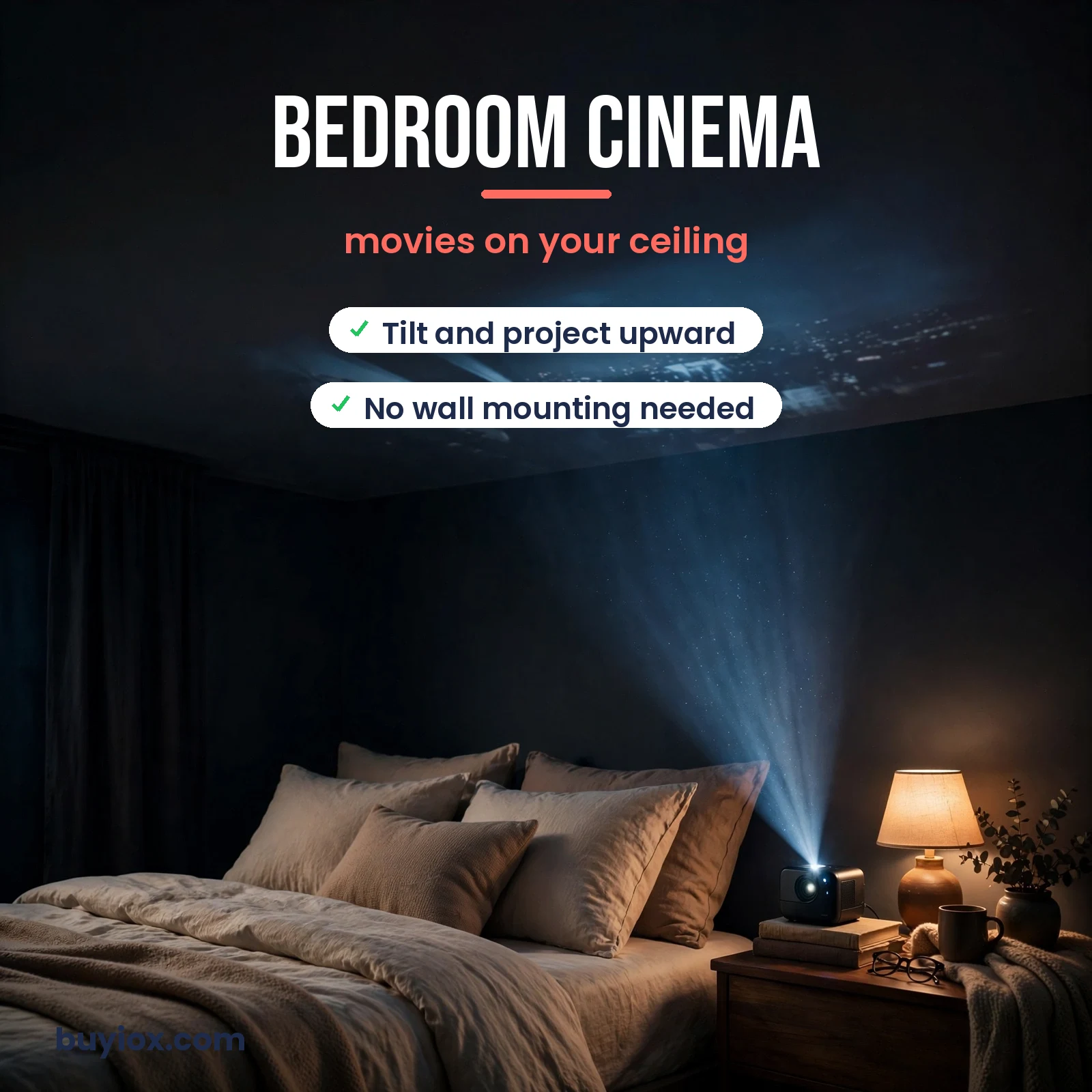 Cozy bedroom cinema with a mini projector casting movies on the ceiling above the bed
