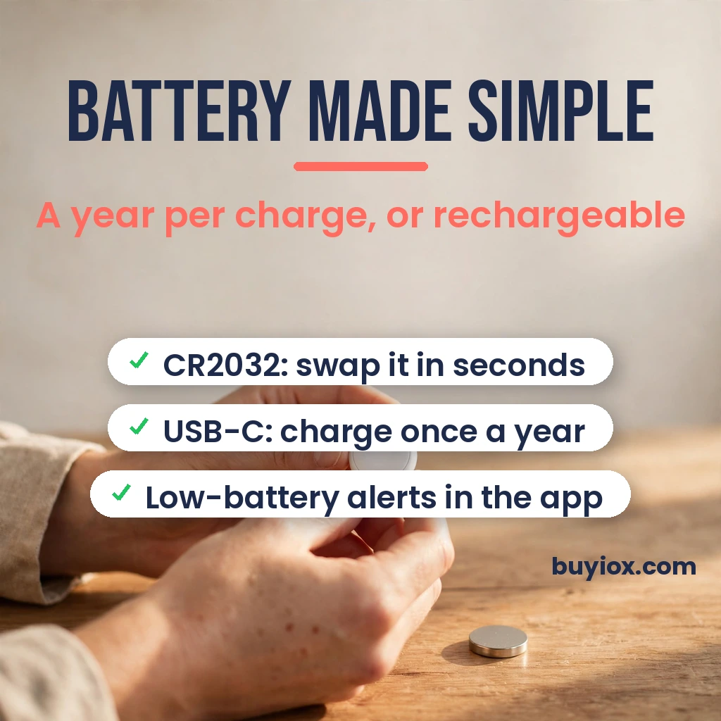 Bluetooth key finder battery guide - replaceable CR2032 coin cell vs USB-C rechargeable