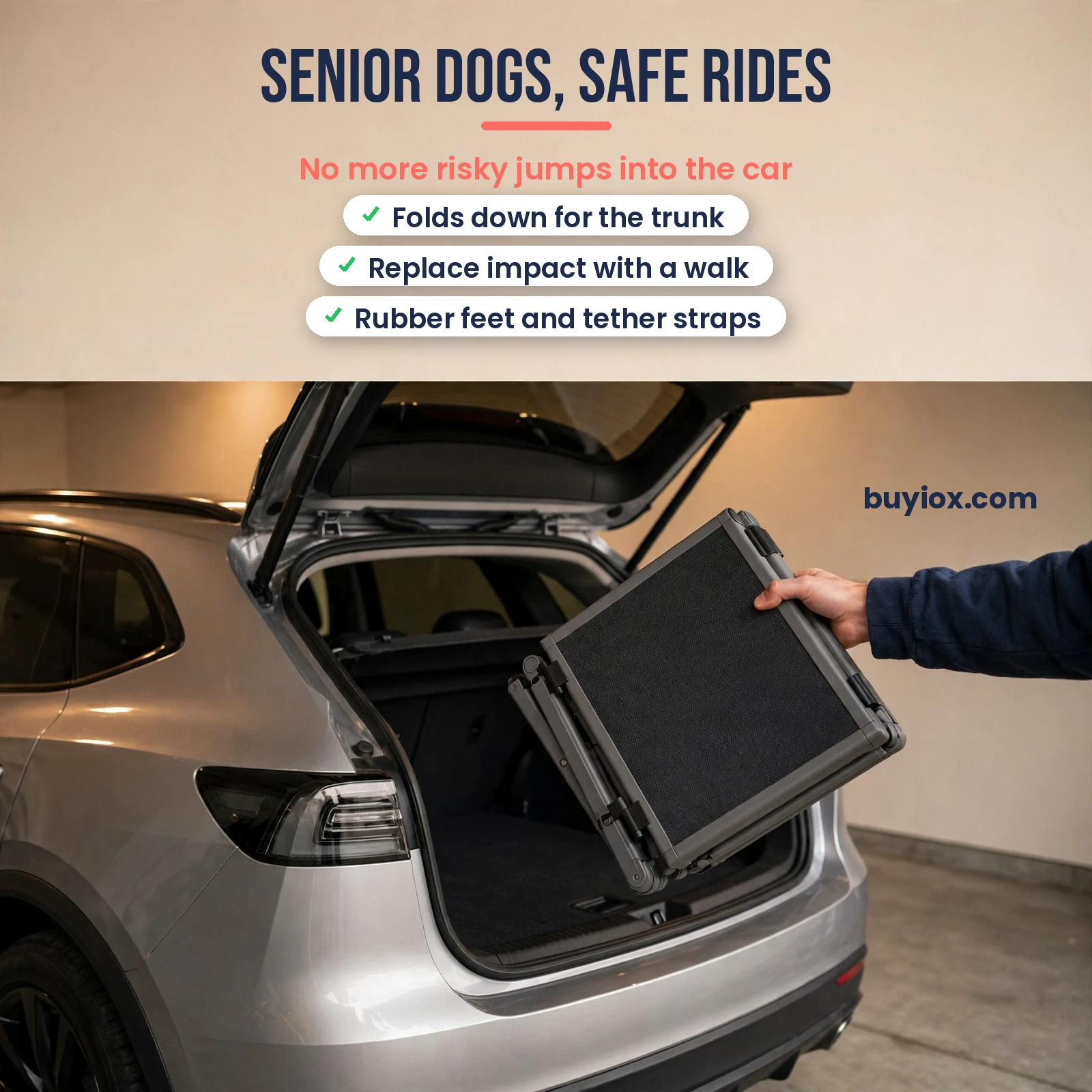 Folded dog ramp stored in car trunk - portable dog ramp tips