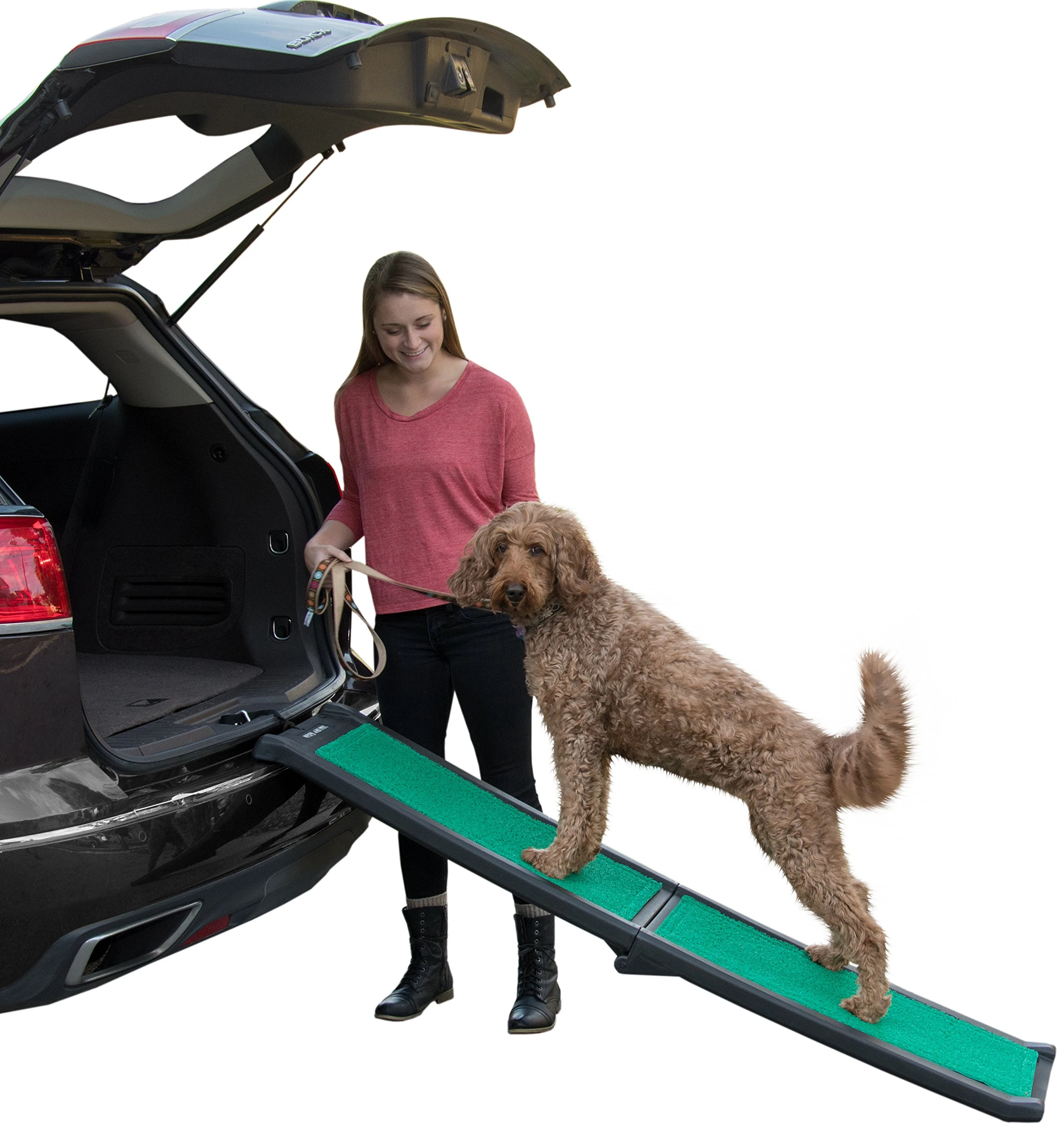 Pet Gear Travel Lite Ramp with supertraX surface and dog climbing into SUV