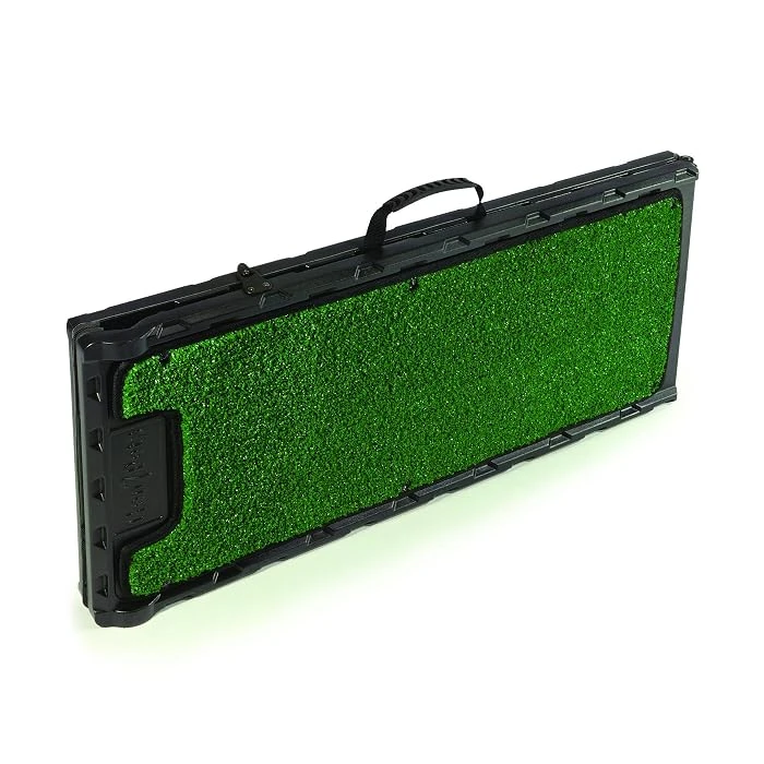Gen7Pets Natural Step Ramp folded showing green poly-grass surface and carry handle