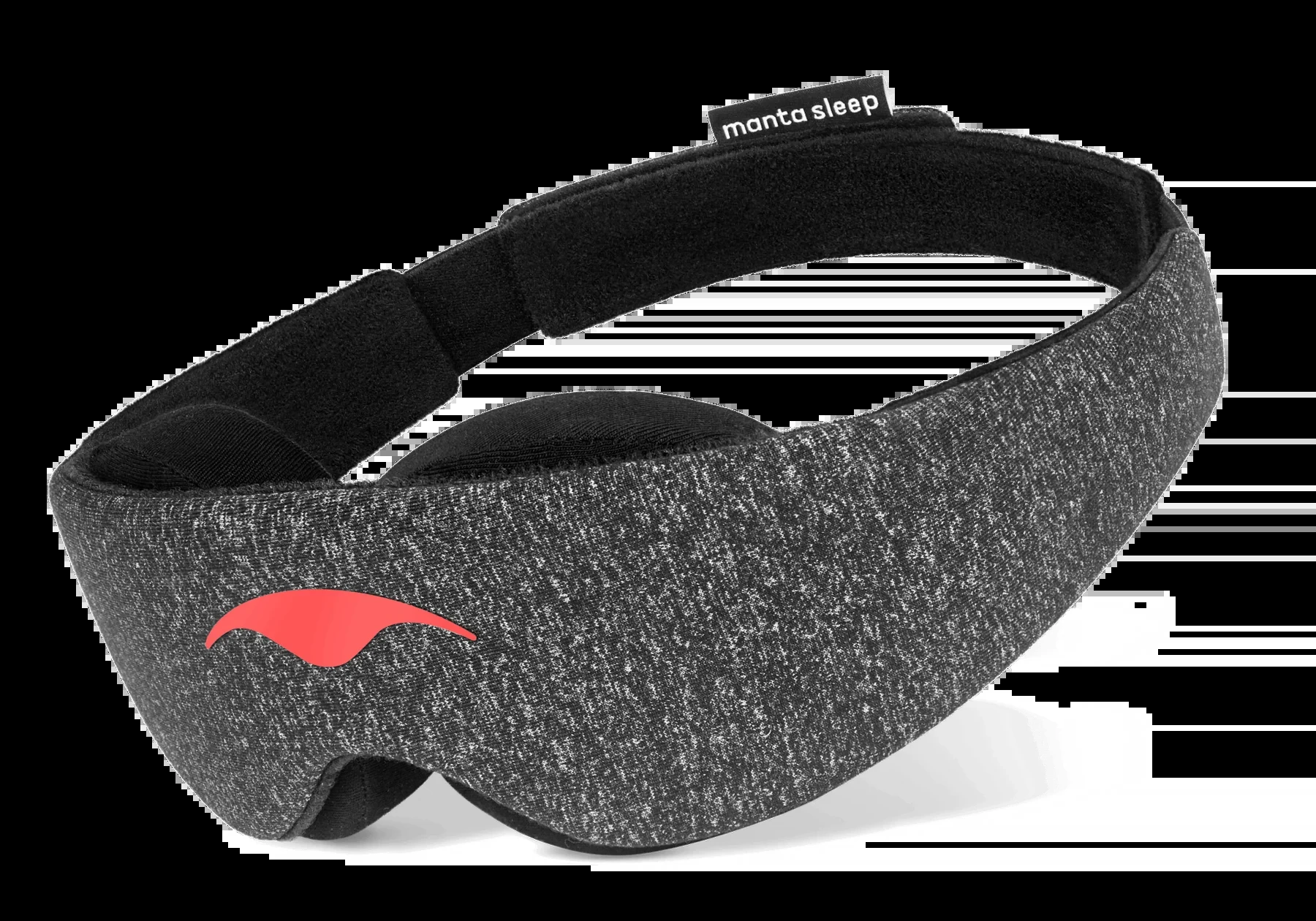 Manta Sleep Mask in black with adjustable eye cups and wide strap on a white background
