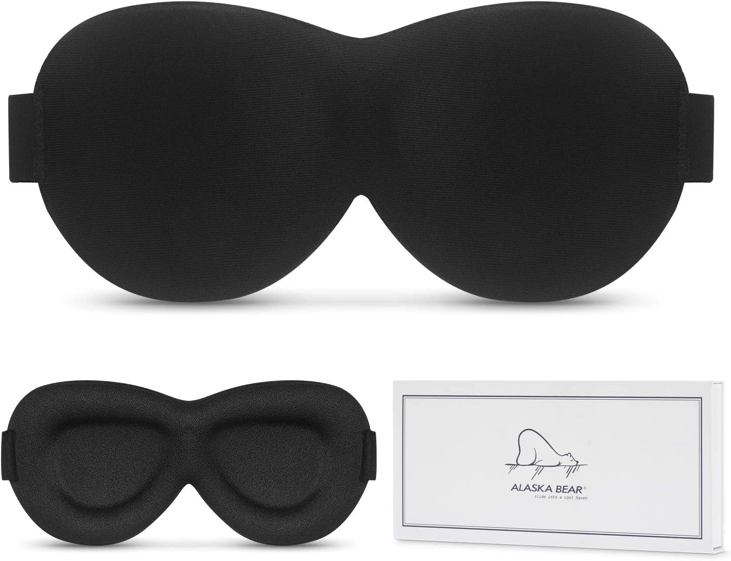 Alaska Bear silk sleep mask front and back with branded box showing the polar bear logo