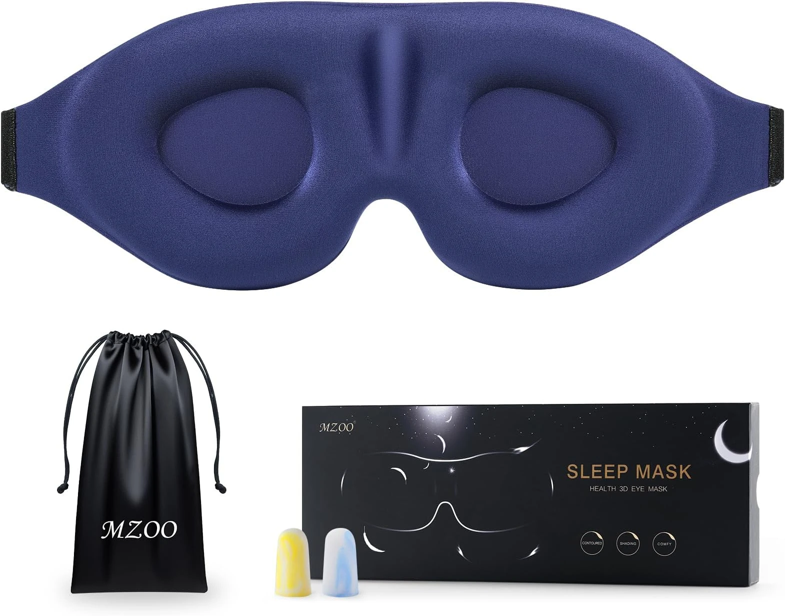 MZOO 3D contoured sleep mask with memory foam eye cups, travel pouch, earplugs and branded box