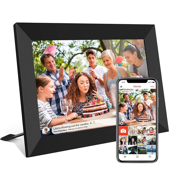 AKImart 10.1-inch WiFi digital picture frame with Frameo app and 32GB storage
