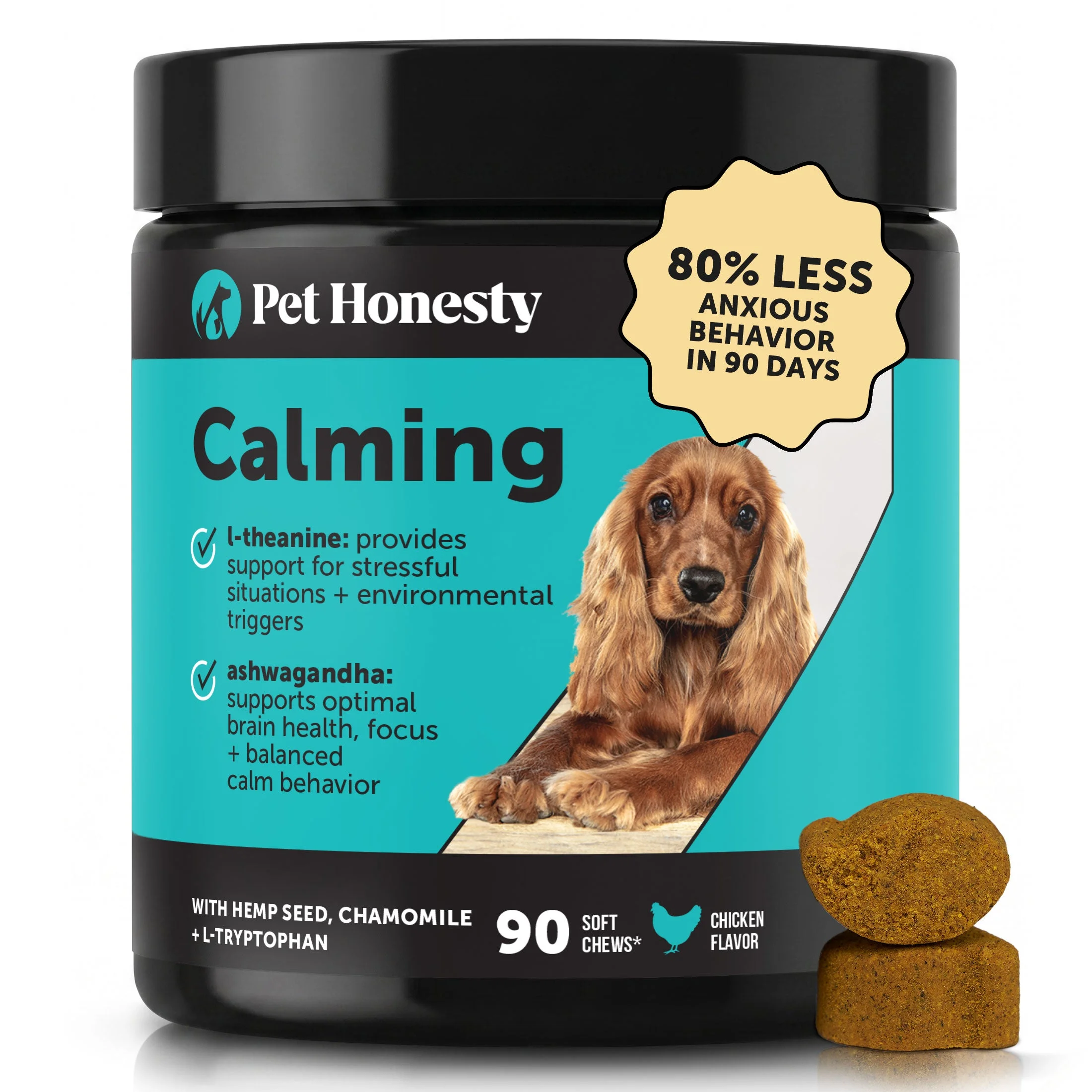 Pet Honesty hemp calming chews for dogs, chicken flavor, 90 soft chews
