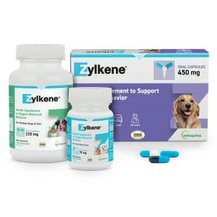 Vetoquinol Zylkene calming capsules for dogs in 225 mg and 450 mg sizes