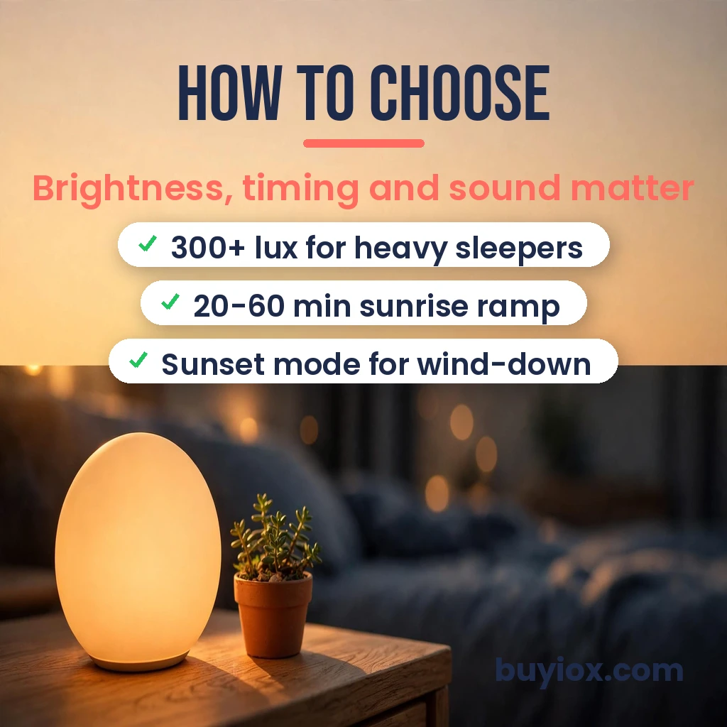 Sunrise alarm clock buying guide showing a glowing lamp on a bedside table