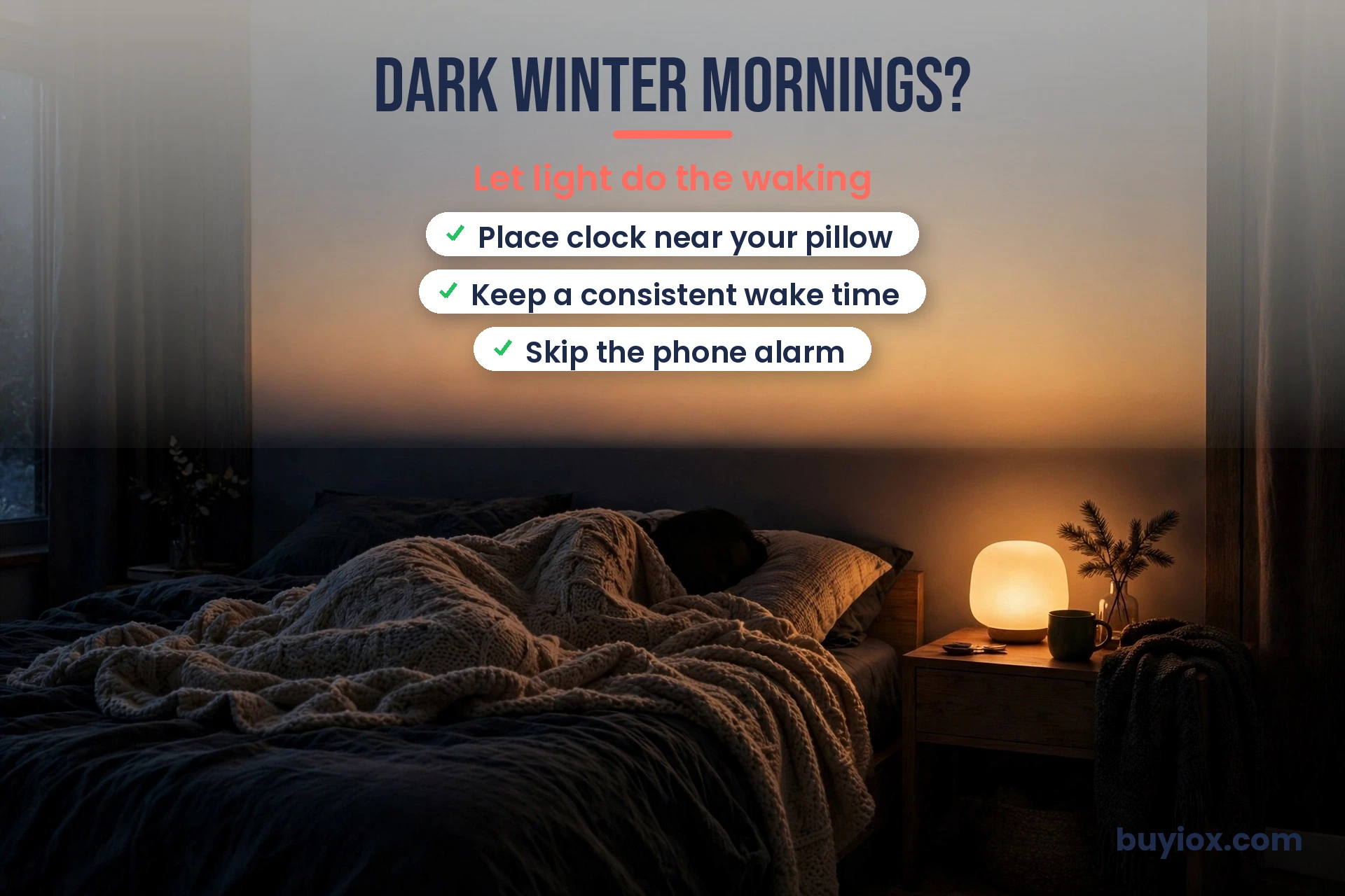Sunrise lamp simulating dawn in a dark winter bedroom